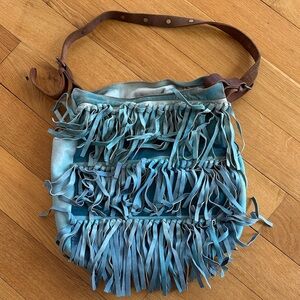 Fringed Suede Crossbody Bag in Teal with Brown Strap